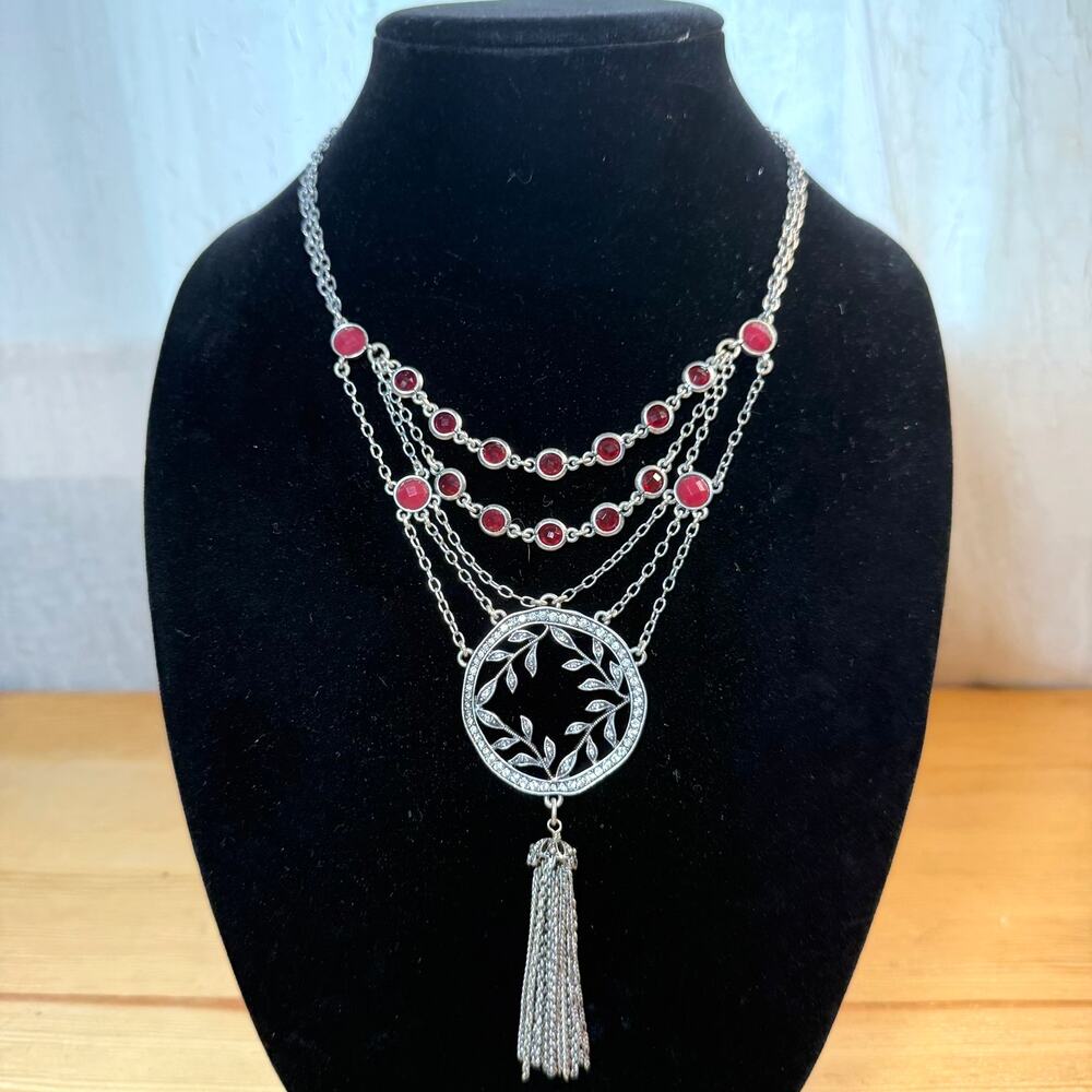Lucky Brand Layered Necklace Red Stone Tassel Silver Tone 19”